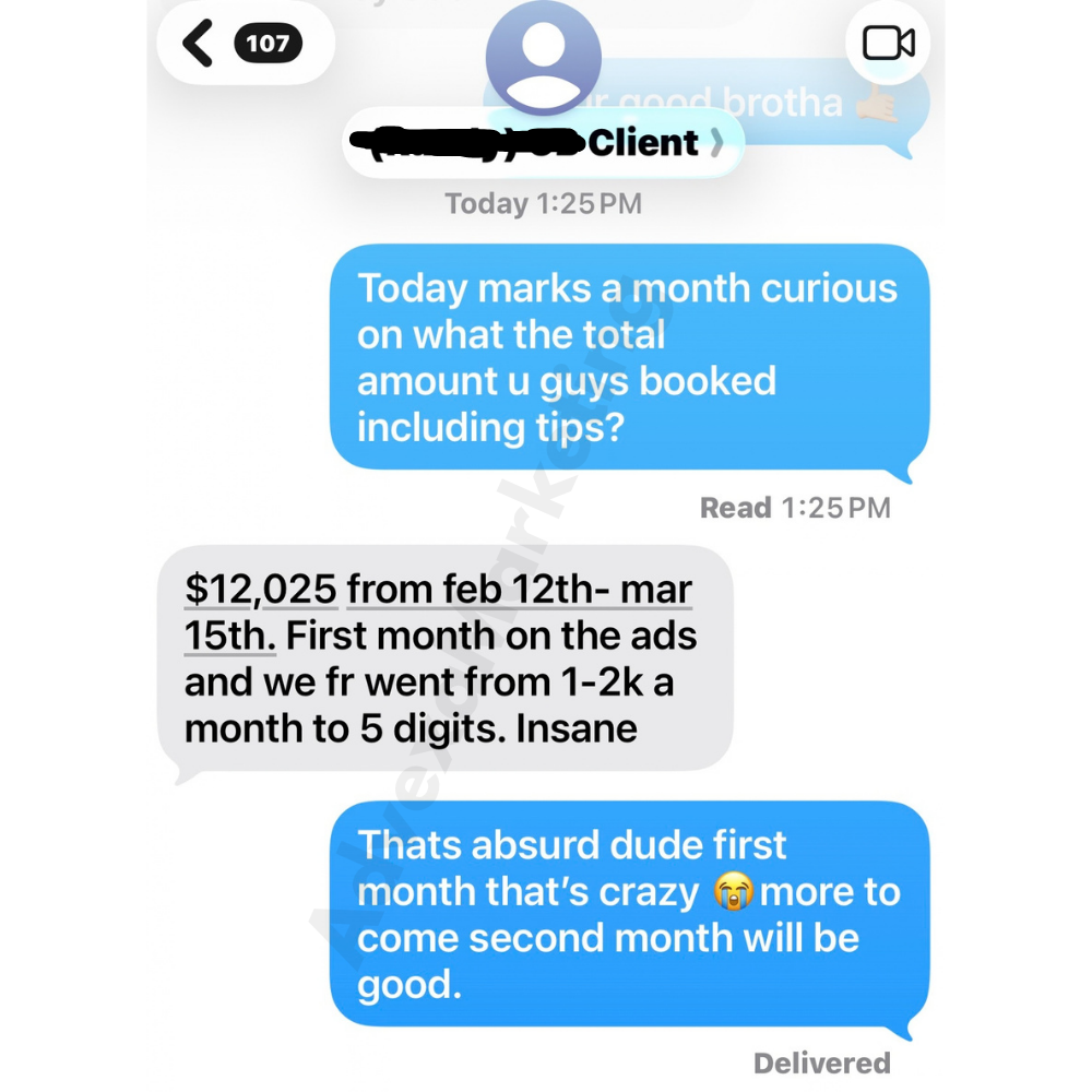 Client message reporting $12,025 booked in the first month