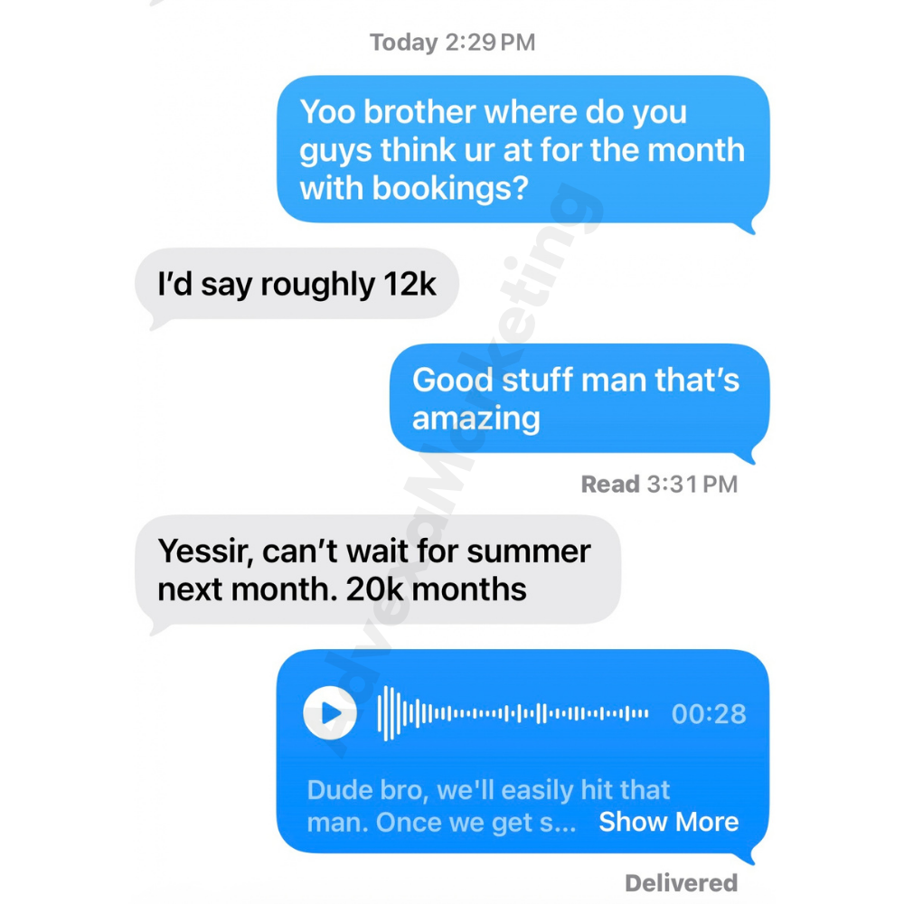 Client message reporting roughly $12,000 in monthly bookings